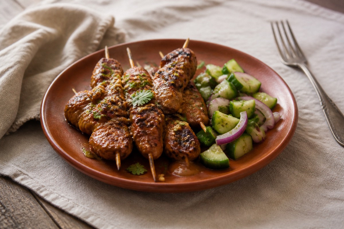 Peanut chicken skewers with cucumber salad