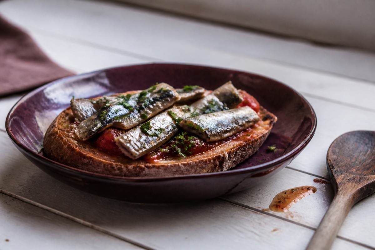 Sardines on tomato-rubbed sourdough