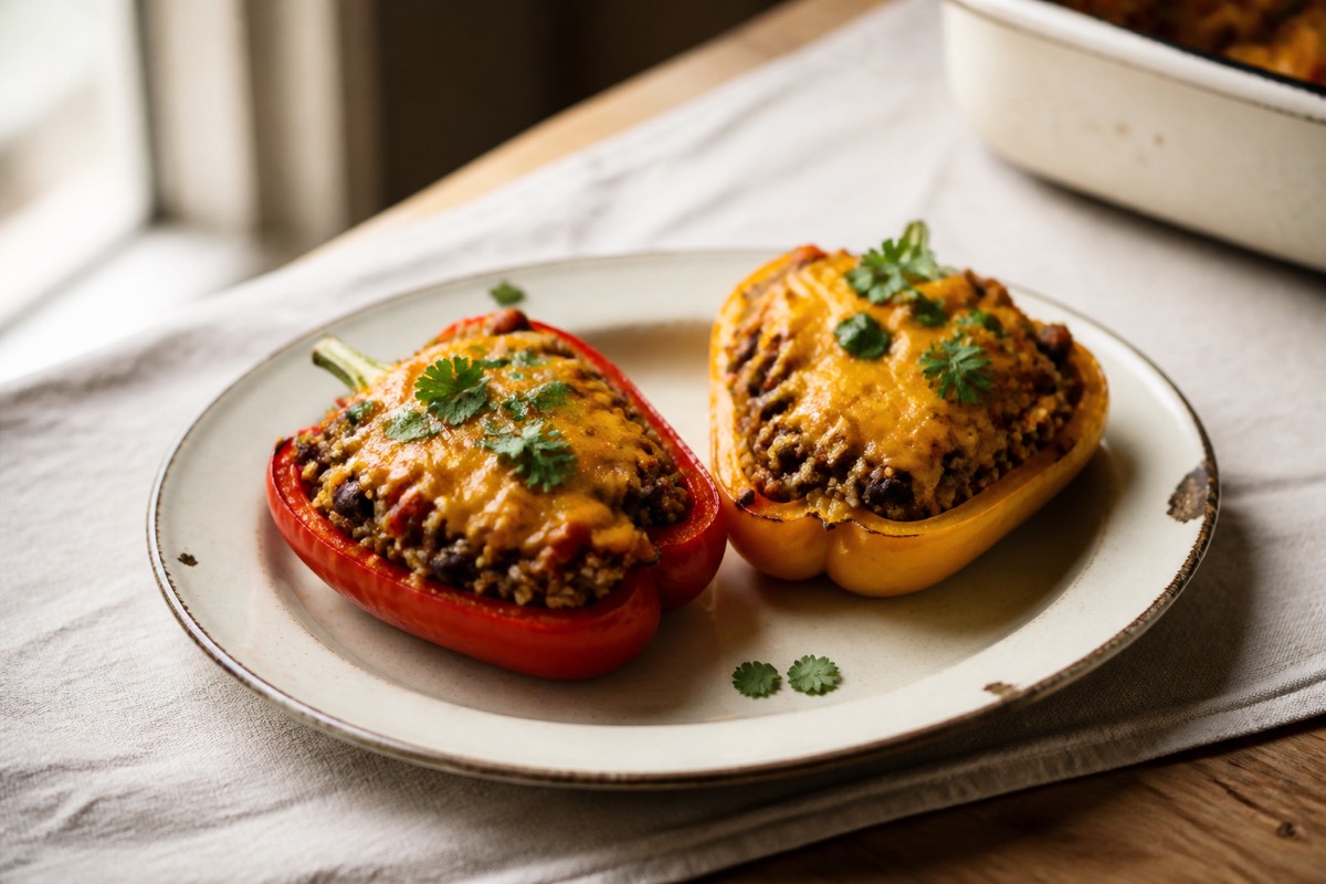 Cheddar, quinoa & black bean stuffed peppers