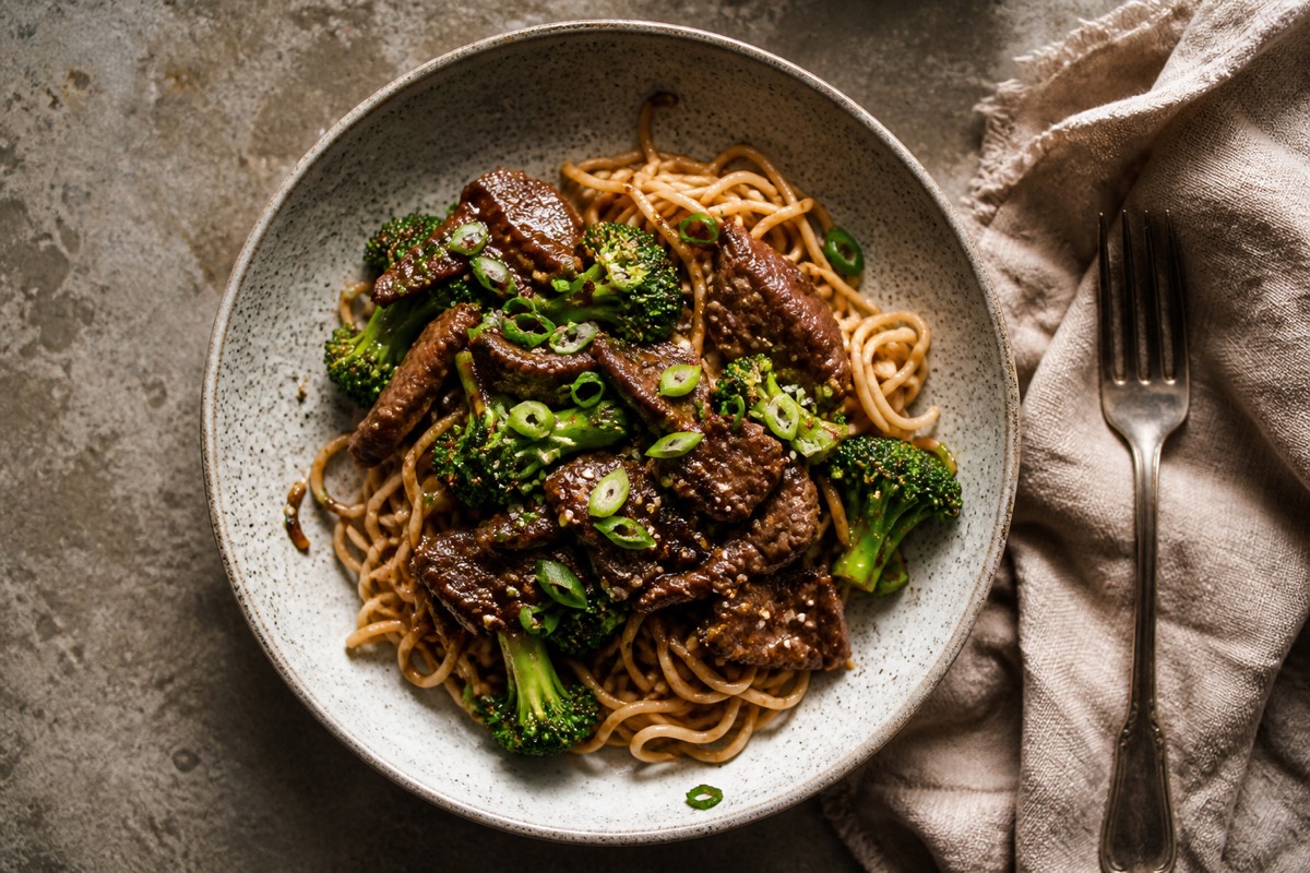 Ginger beef & broccoli with sesame noodles