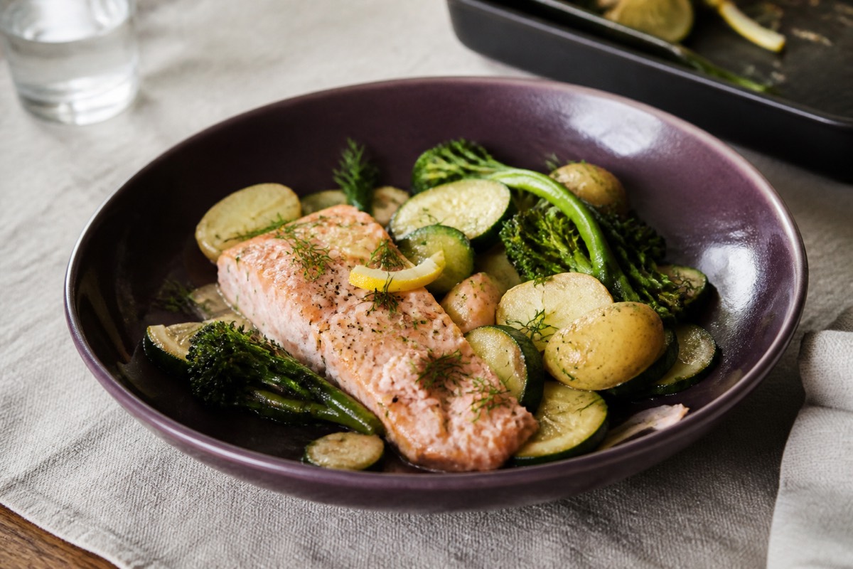 Sleep-friendly salmon & greens traybake