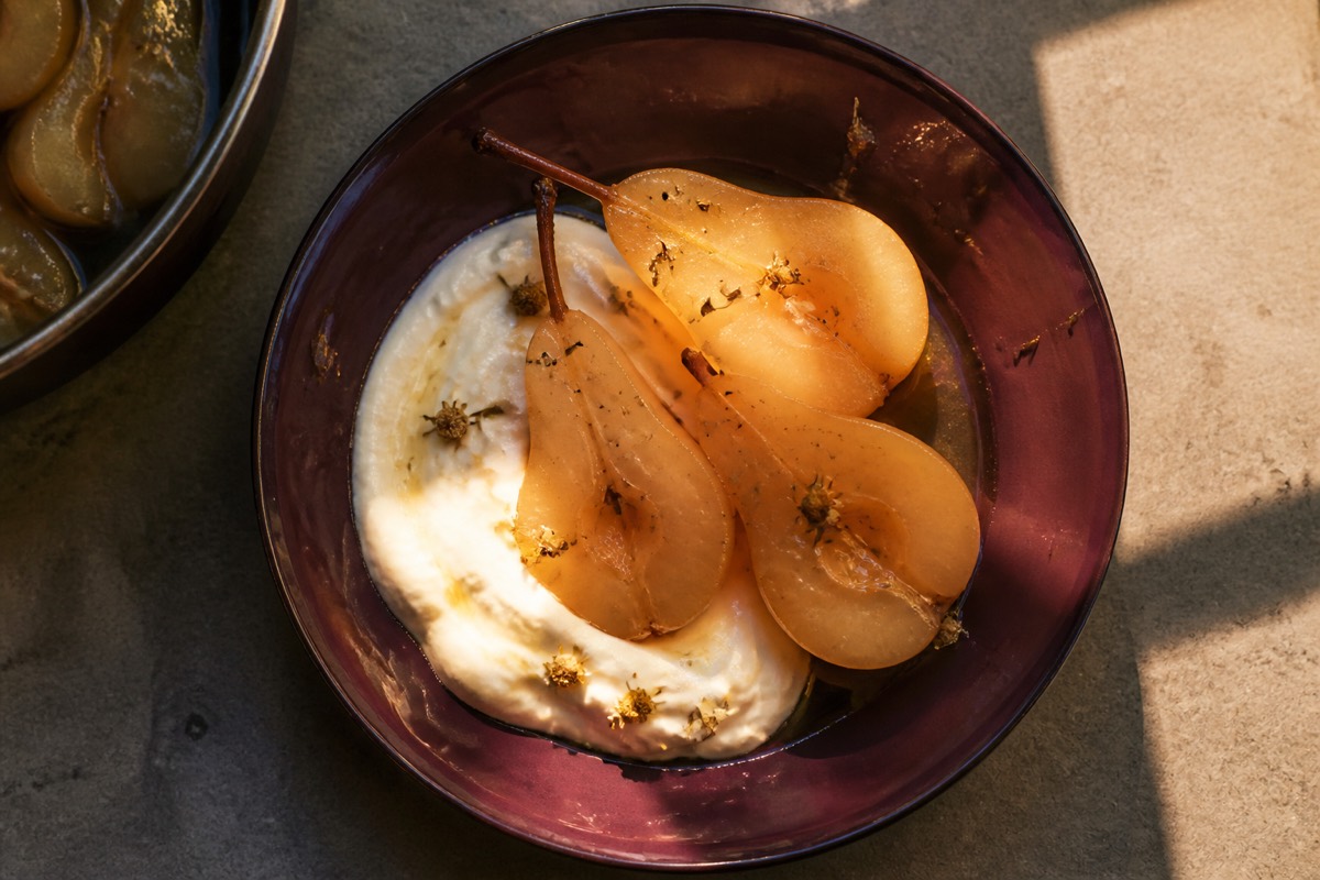 Chamomile & honey poached pears