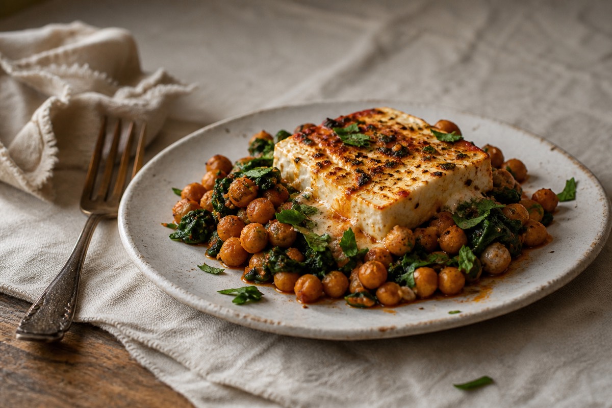 Baked feta with harissa chickpeas & greens