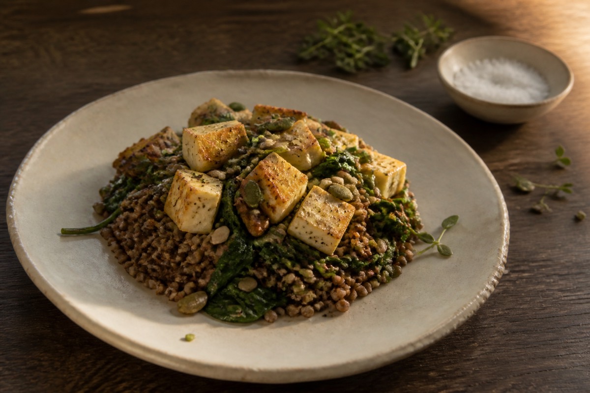 Buckwheat bowl with spinach, paneer & seeds