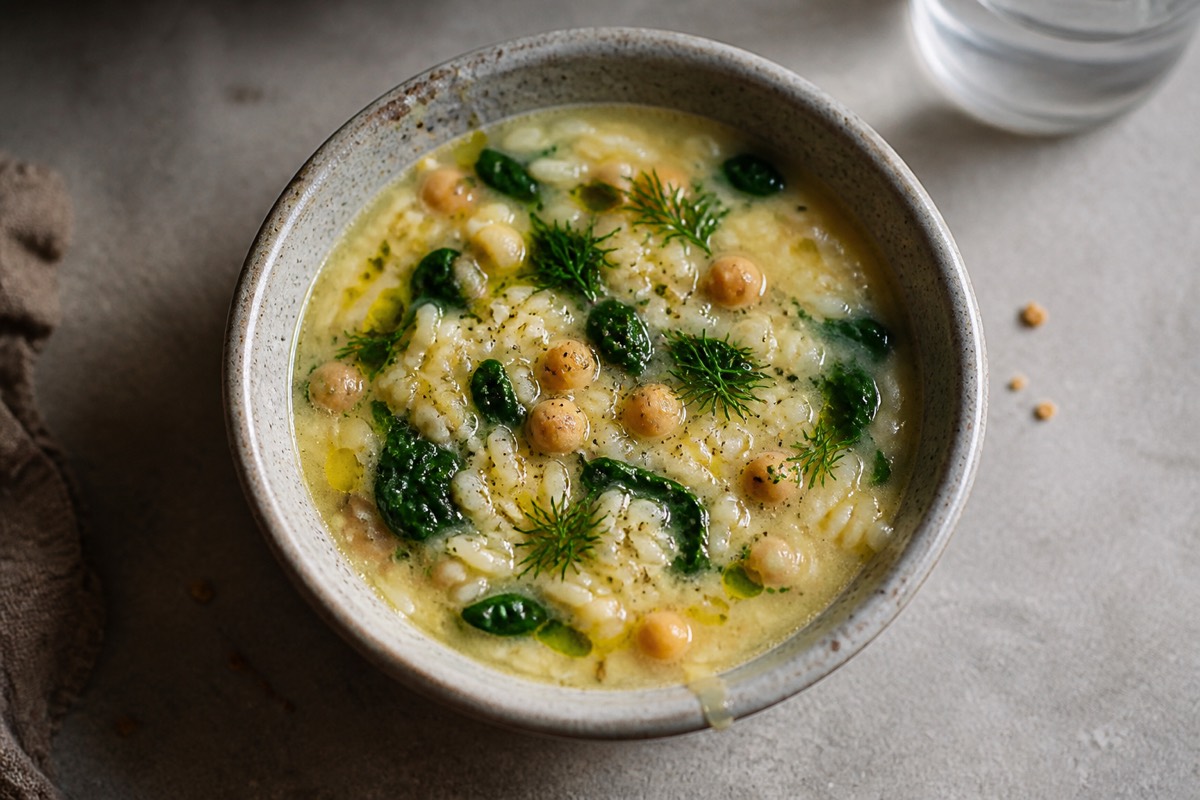 Lemony chickpea, spinach & rice soup