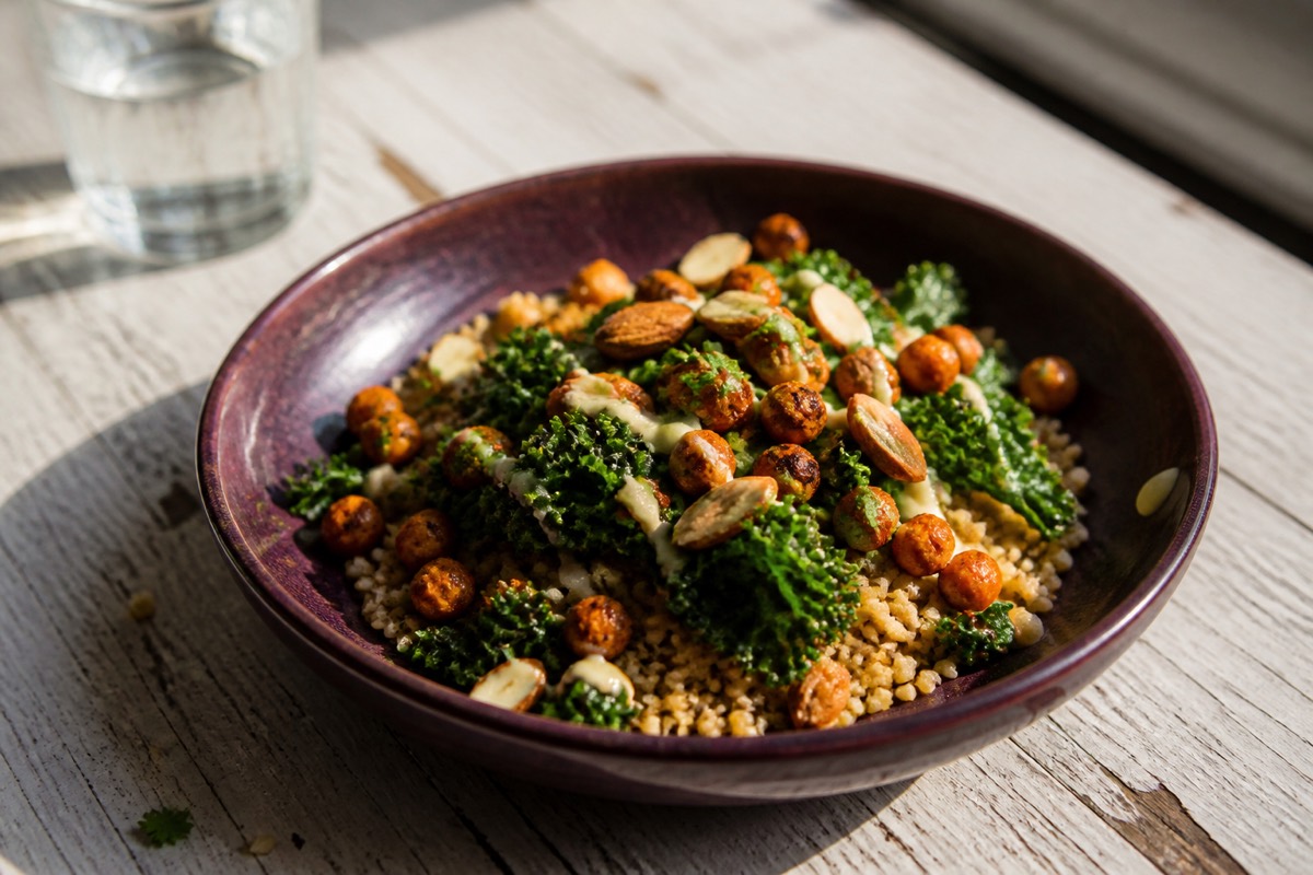 Harissa chickpea & kale bowl with almonds
