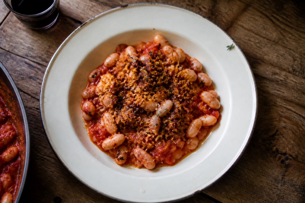 Slow tomatoes & white beans with anchovy crumbs