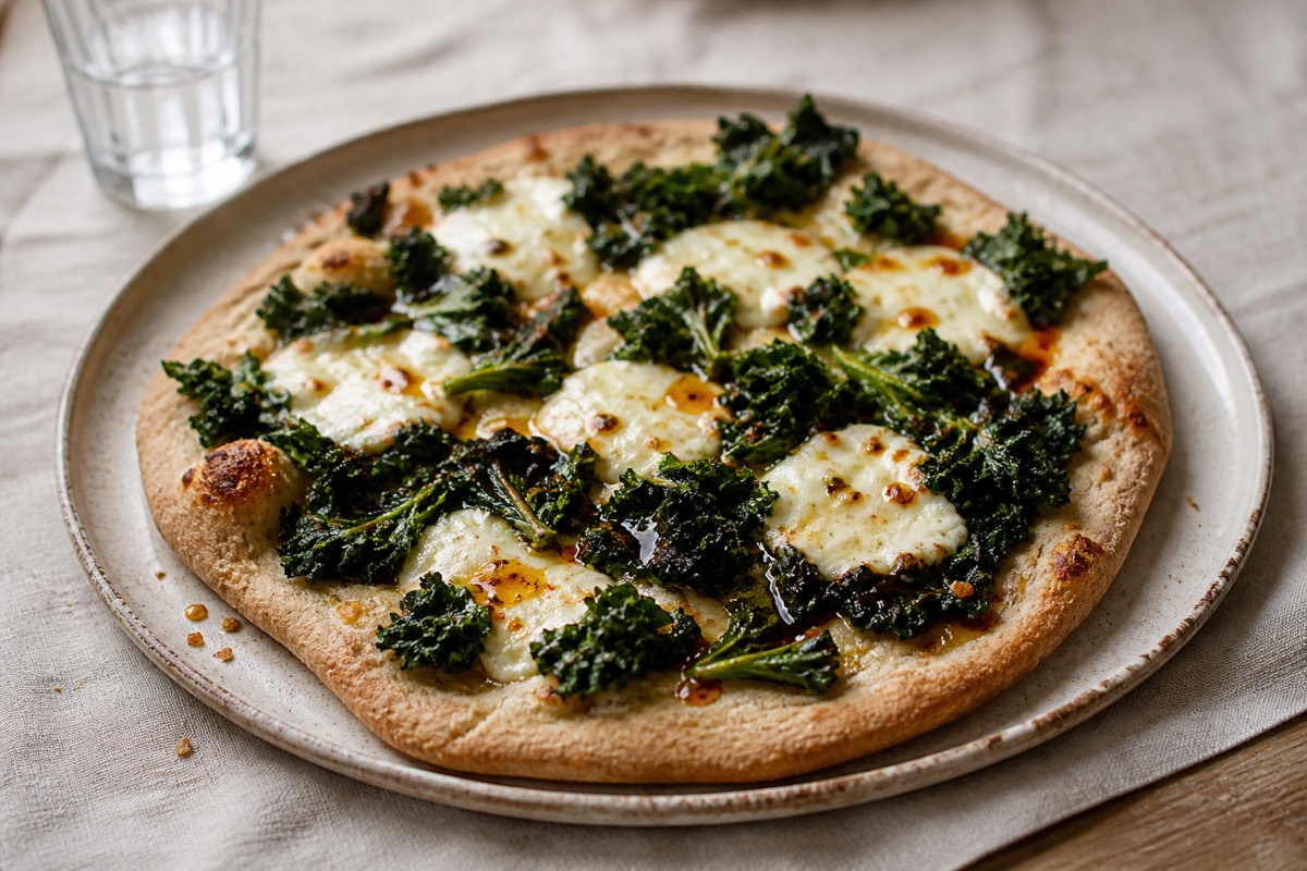 Wholemeal white pizza with garlicky greens