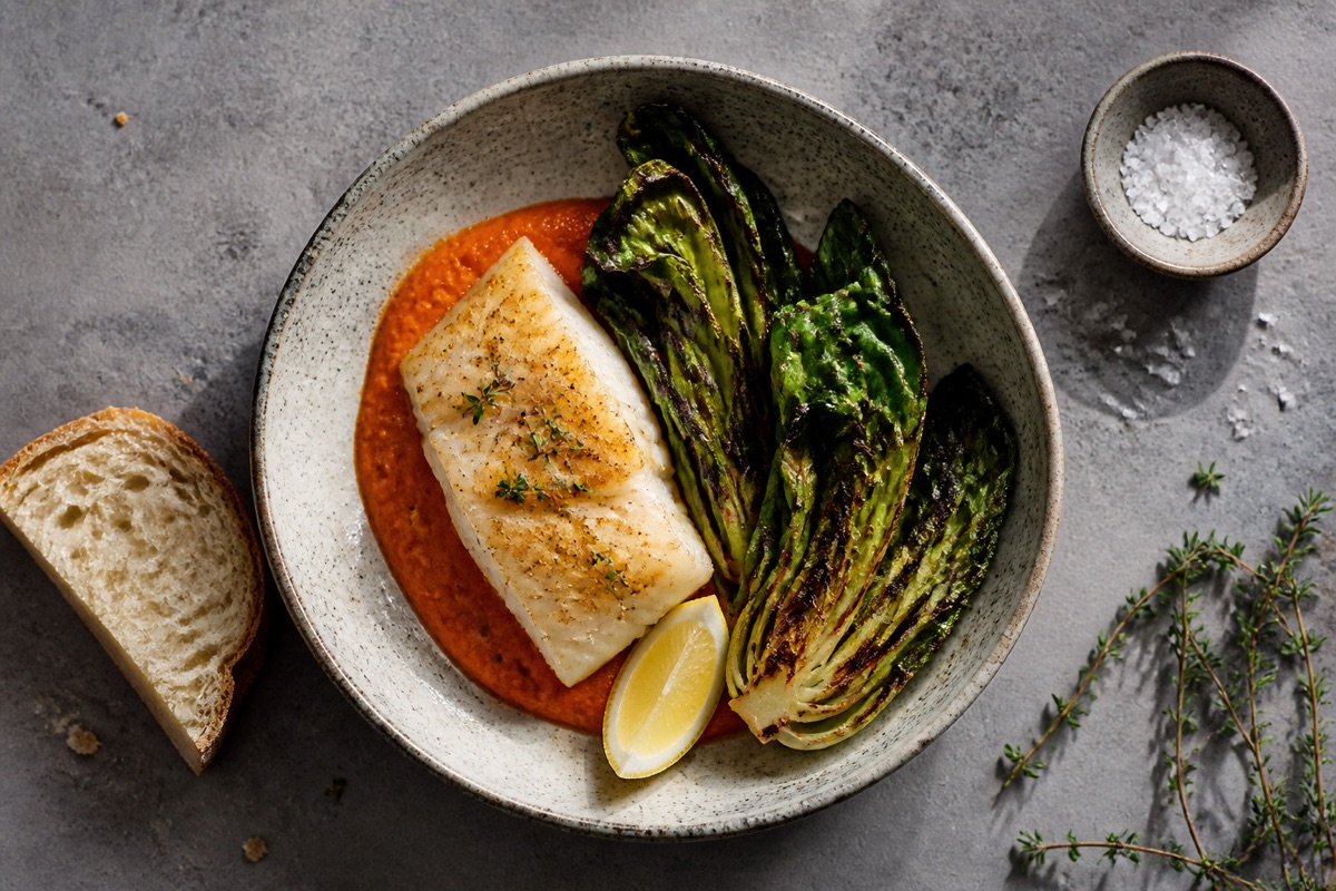 Cod with romesco & charred spring greens