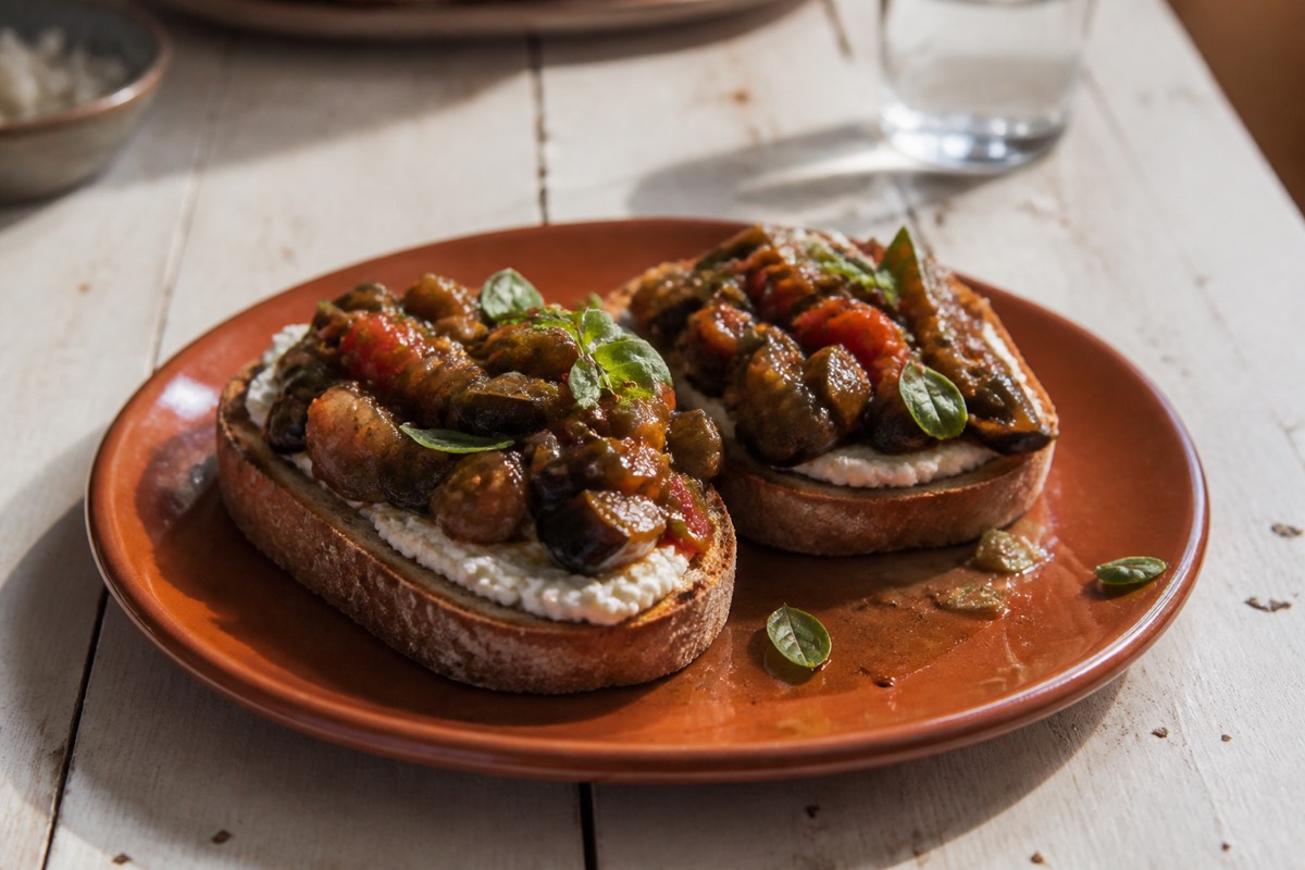 Aubergine caponata on ricotta toasts