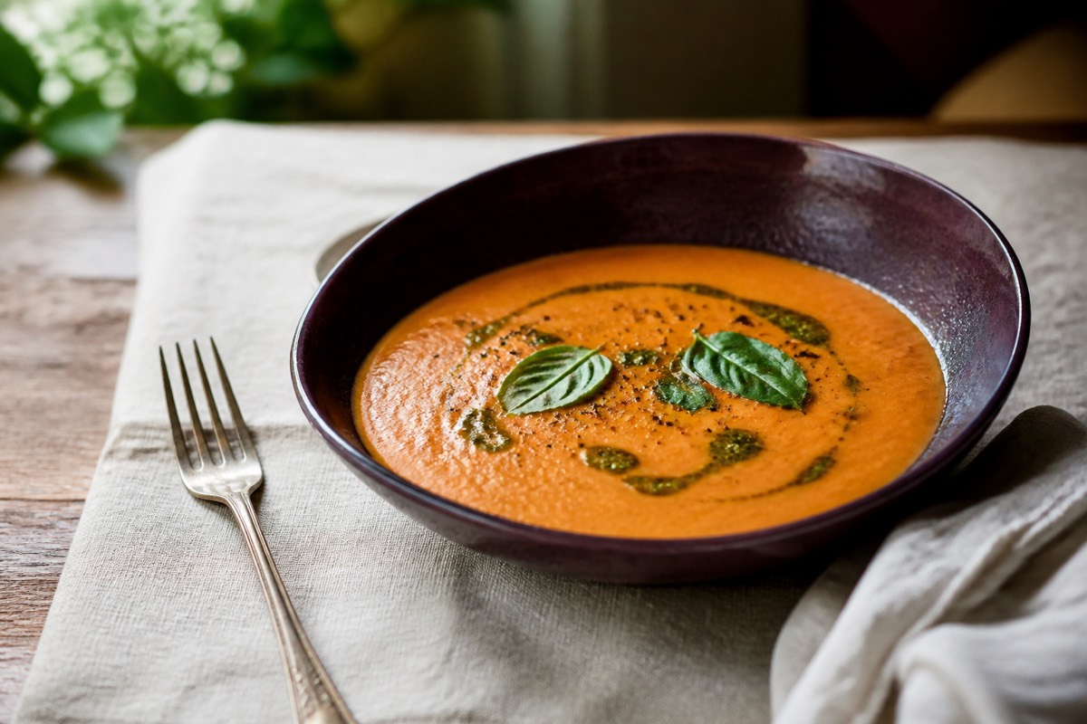 Roast tomato & white bean soup with basil oil