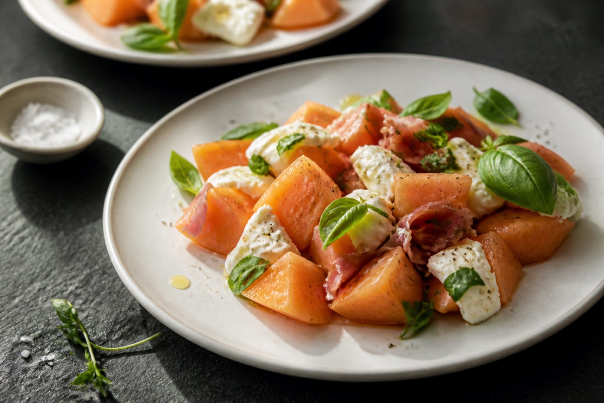 Melon, mozzarella & basil plates