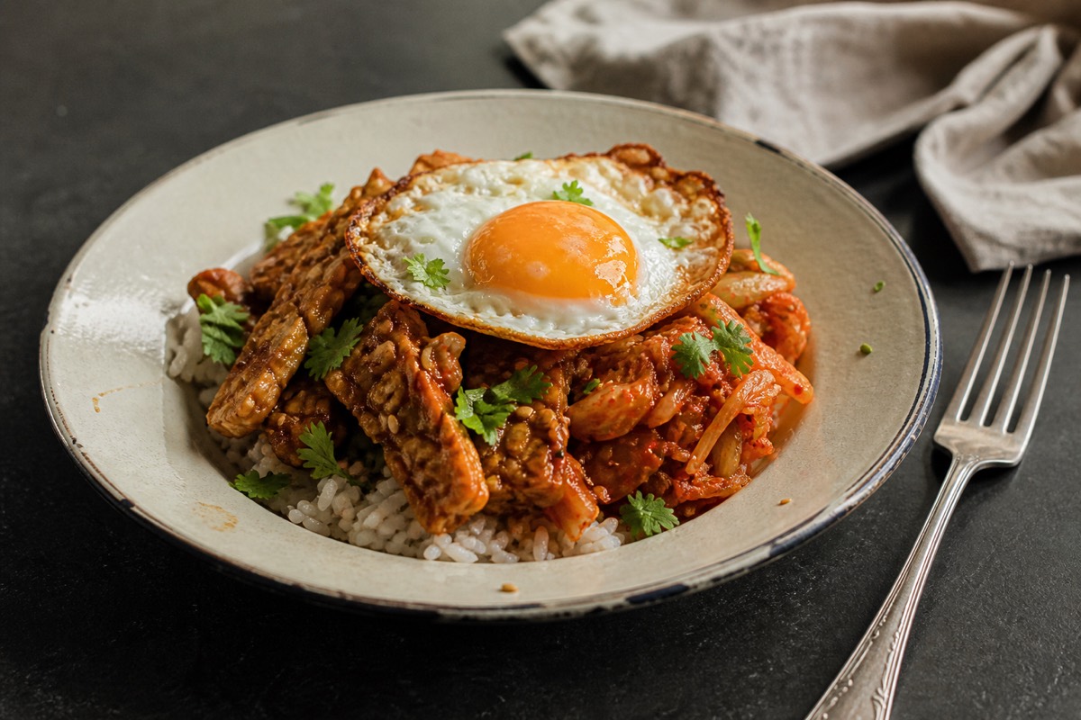 Tempeh & kimchi rice bowls with fried egg