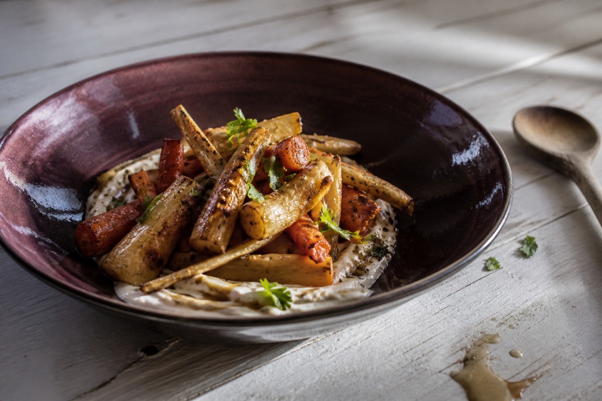 Miso-roasted roots with whipped tahini yogurt