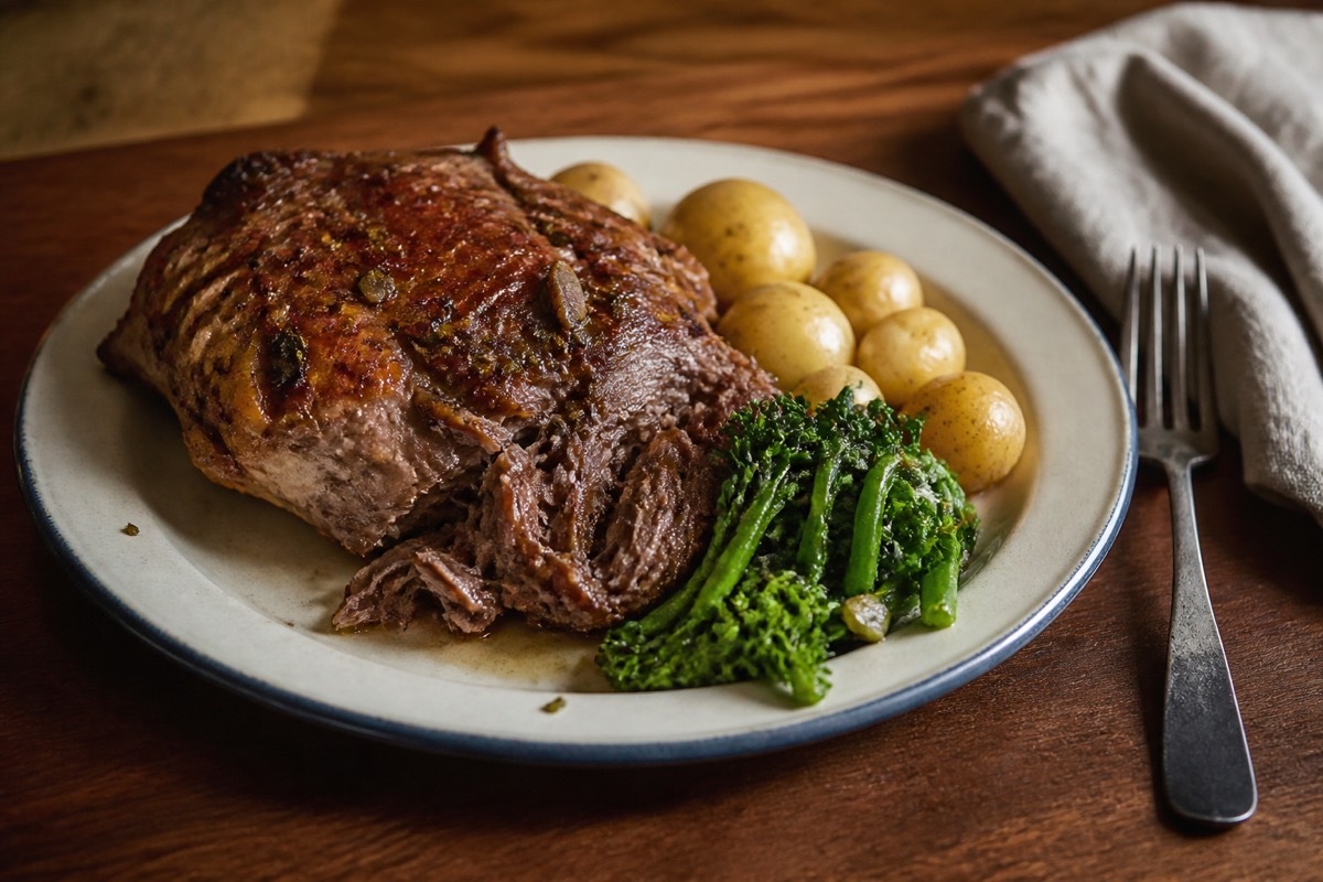 Slow roast Easter lamb with anchovy & spring greens
