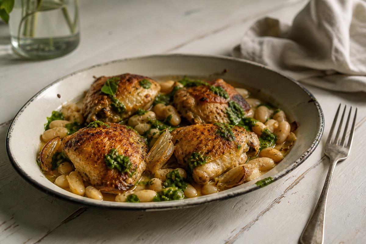 Chicken traybake with wild garlic & white beans