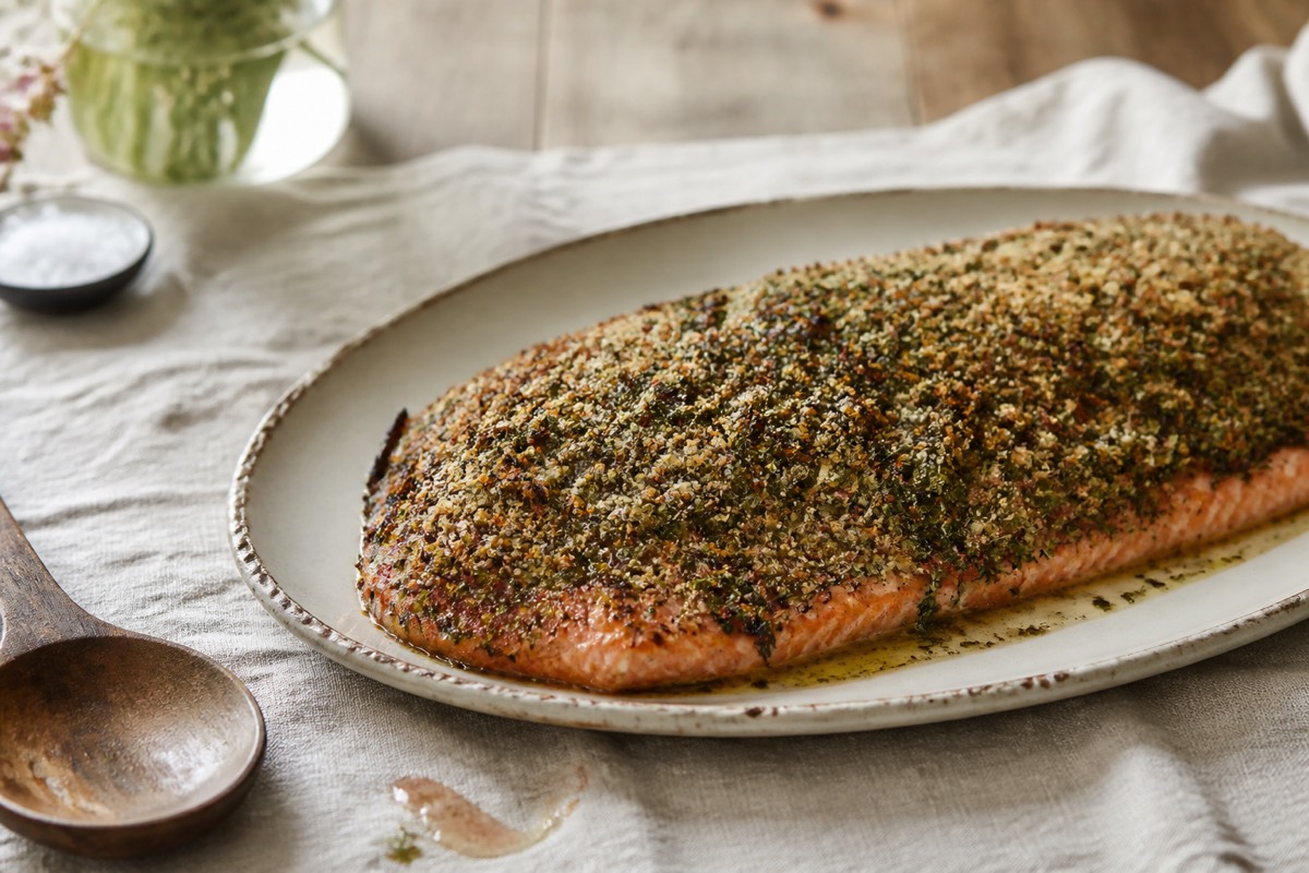 Whole baked side of salmon with herb crust