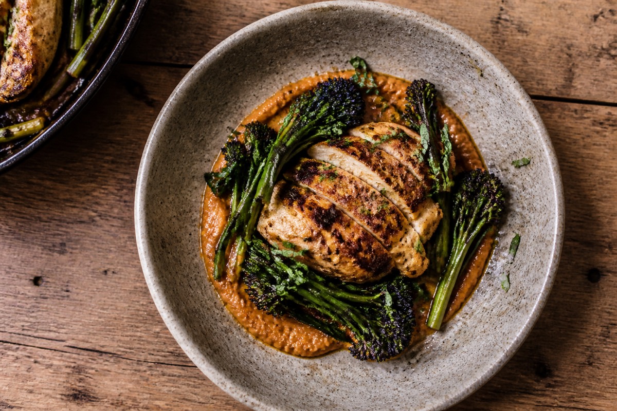Griddled chicken with purple sprouting & romesco