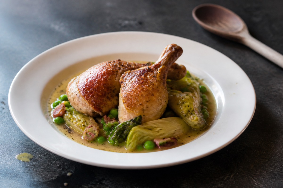 Roast chicken legs with braised little gems & peas