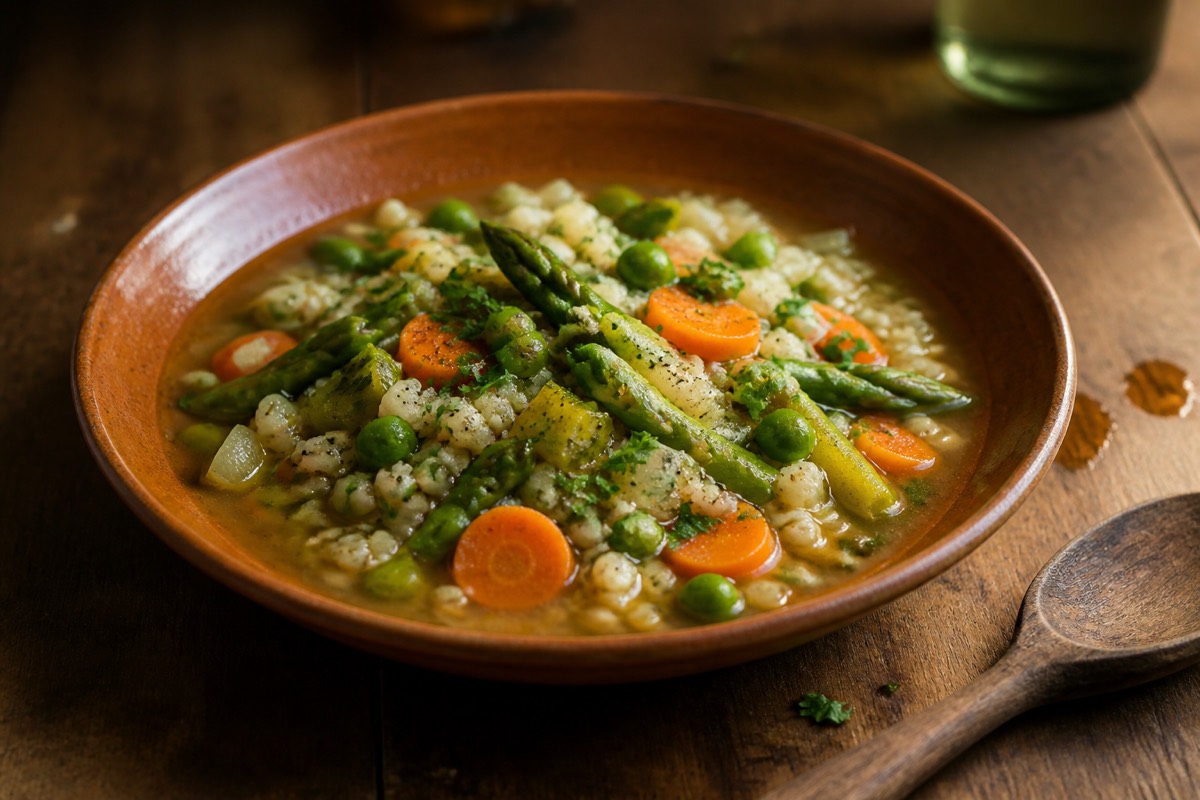 Spring vegetable & pearl barley stew