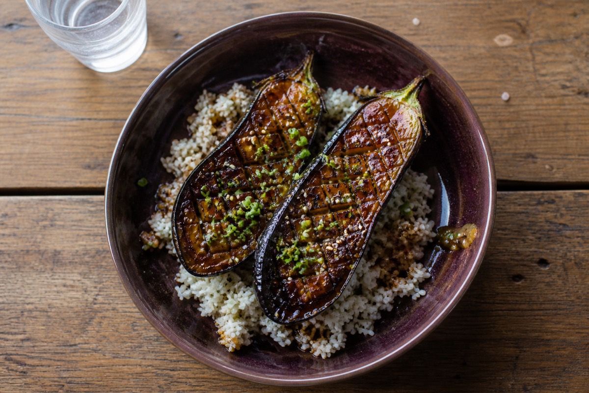 BBQ miso aubergines with sesame rice