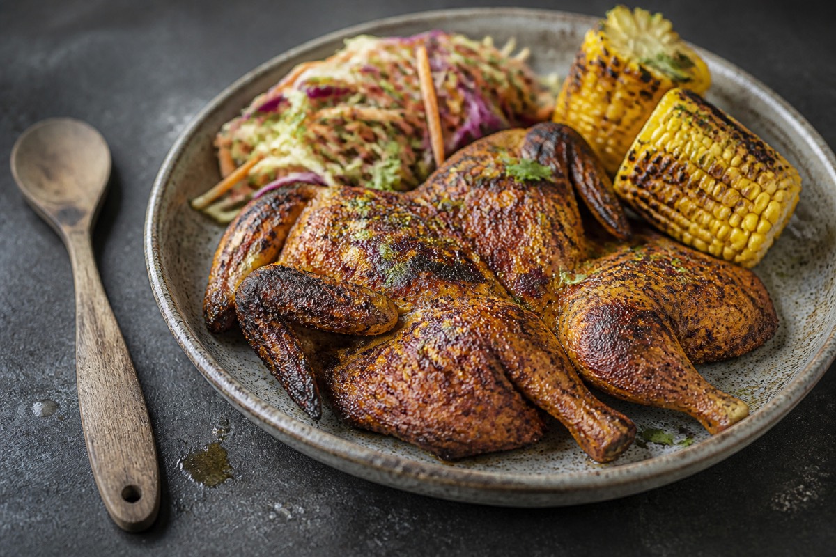 Piri piri spatchcock chicken with slaw & corn