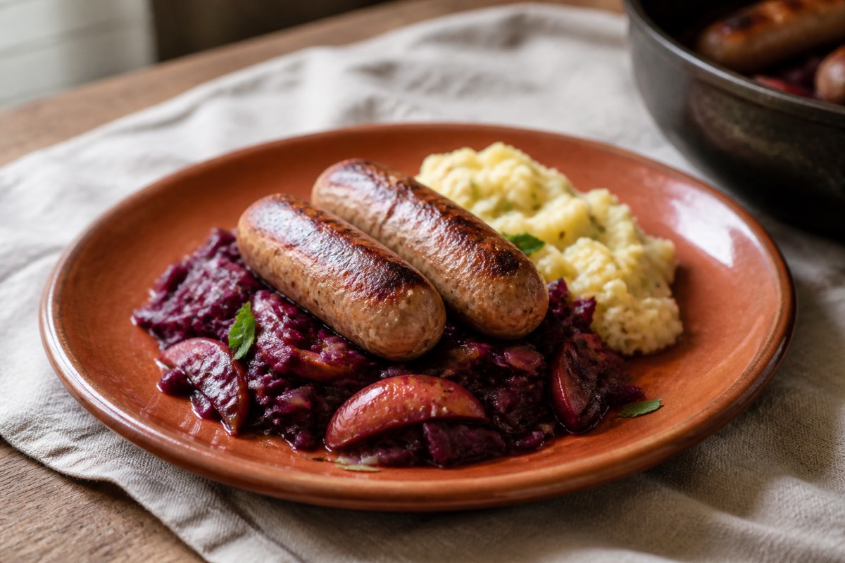 Braised red cabbage with apples & chicken sausages