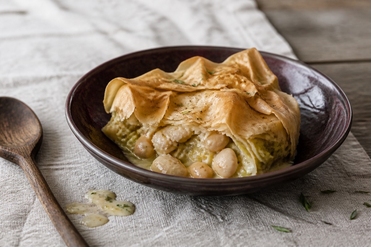 Chicken, leek & cannellini filo pie