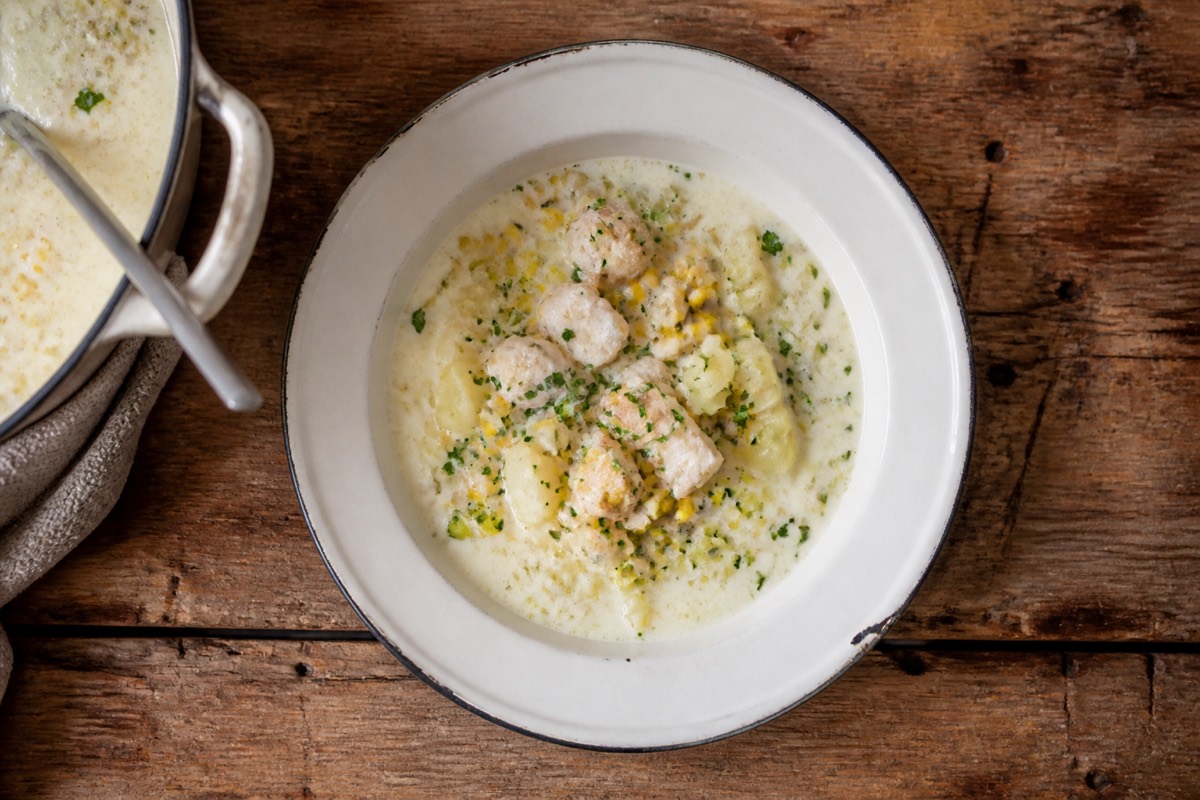 Smoked haddock, leek & sweetcorn chowder