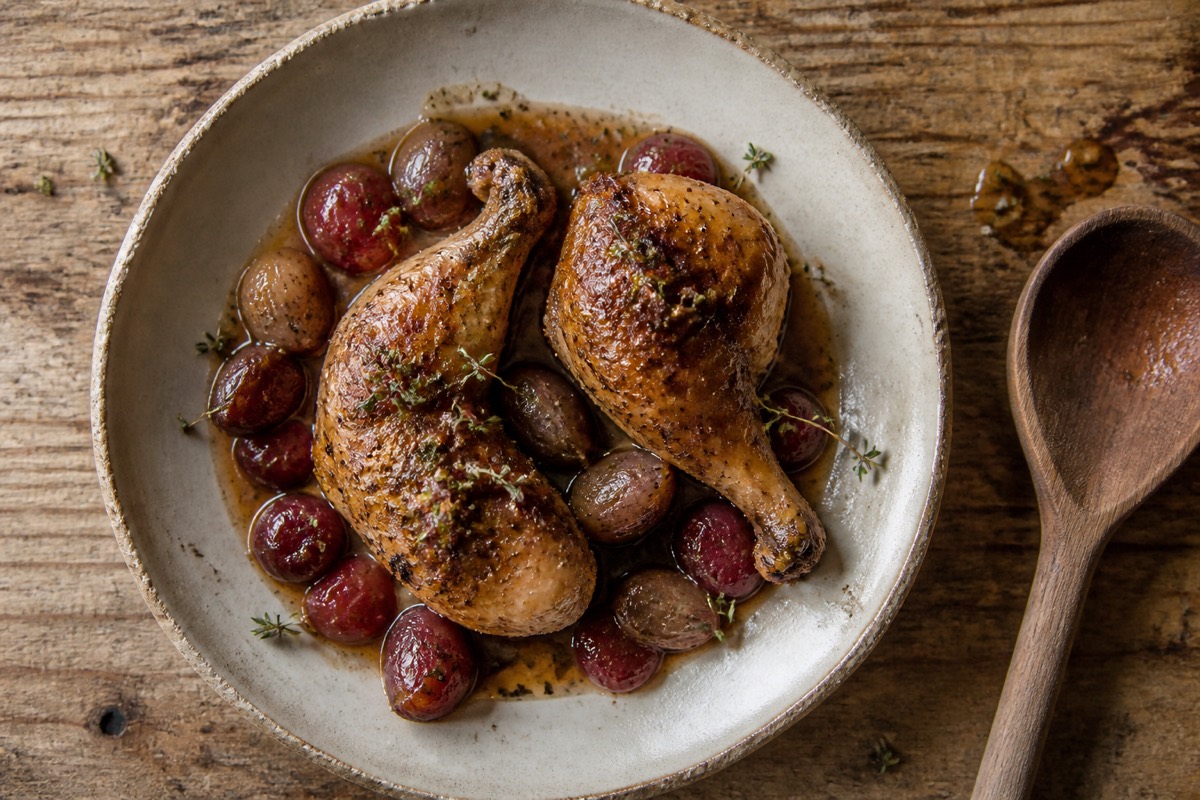 Roast chicken legs with grapes, shallots & sherry