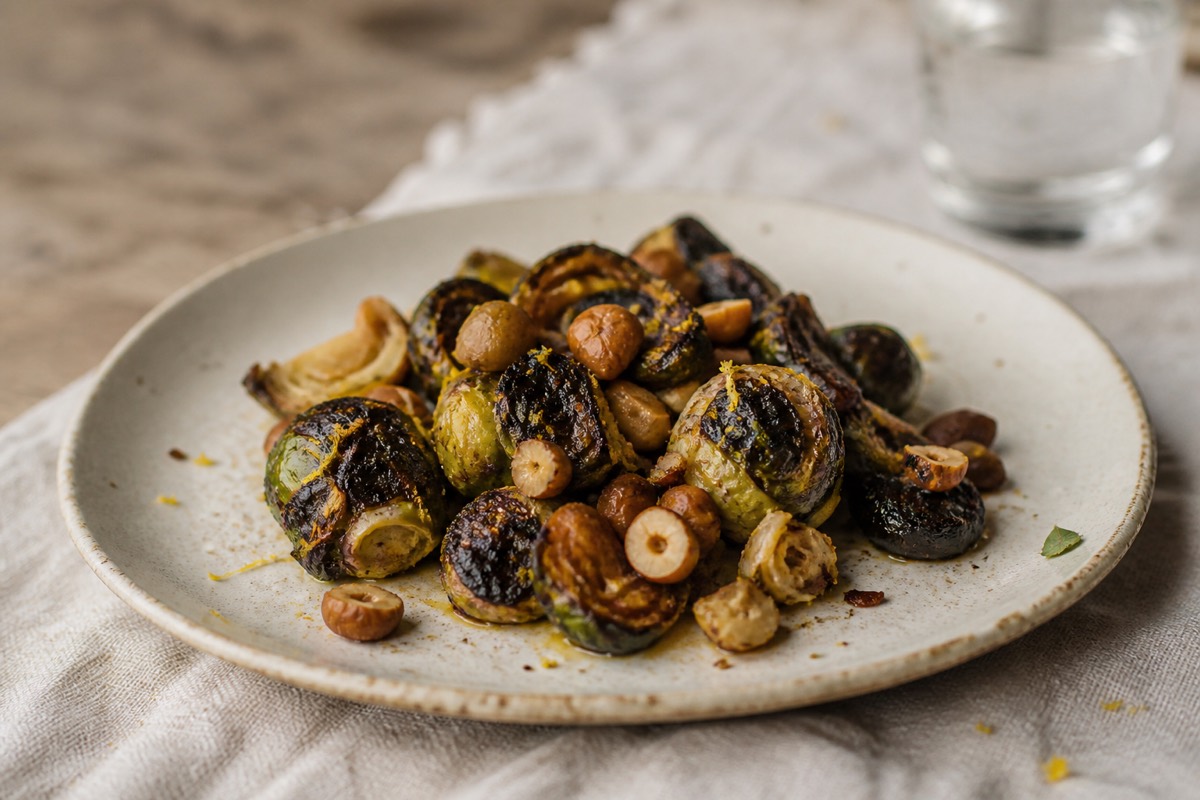 Charred sprouts with chestnuts, lemon & hazelnuts