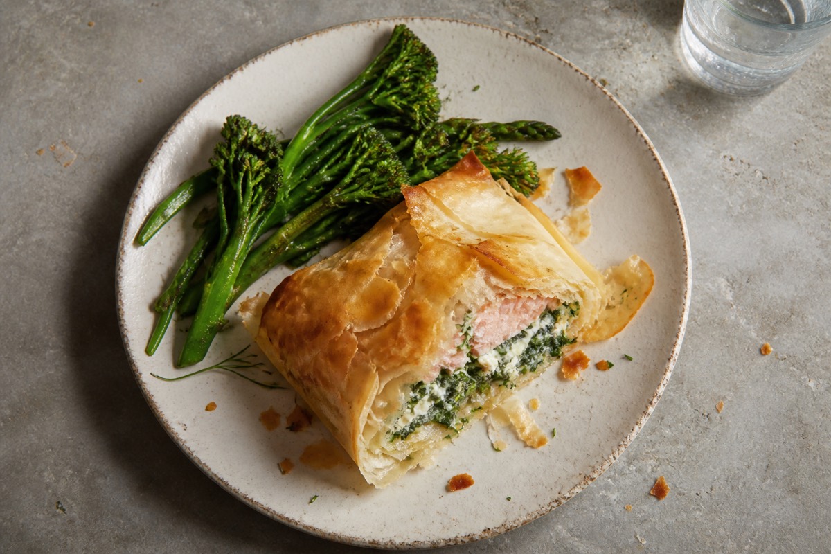 Salmon, spinach & dill filo parcel