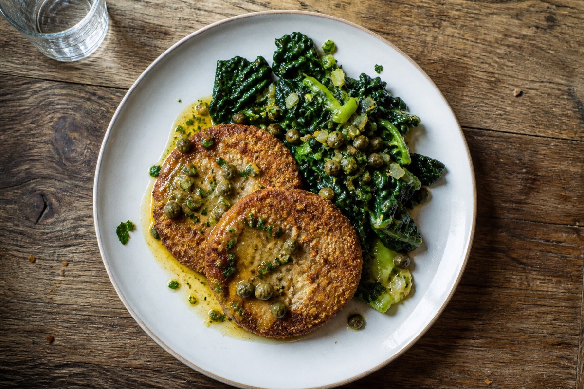 Celeriac schnitzels with caper butter & greens