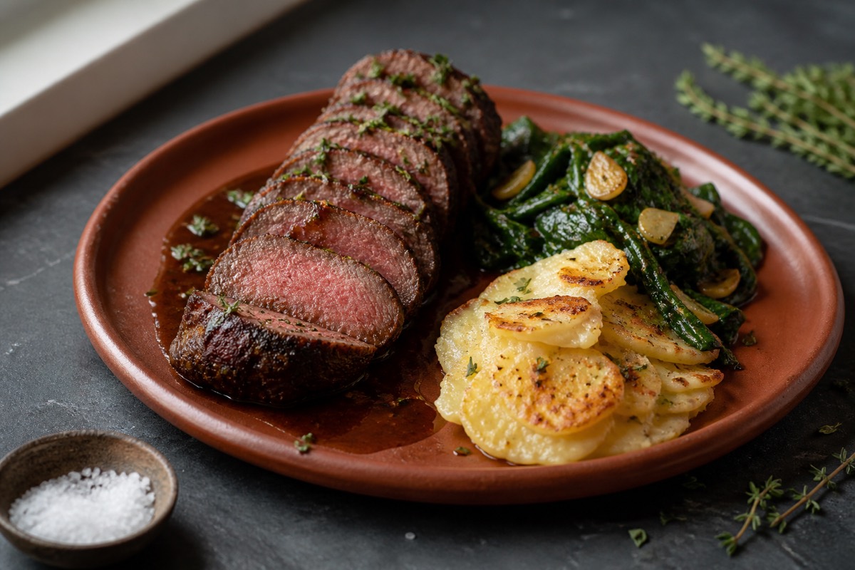 Chateaubriand for two with roast garlic greens