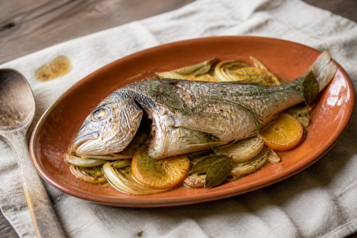 Whole baked sea bream with clementine & bay