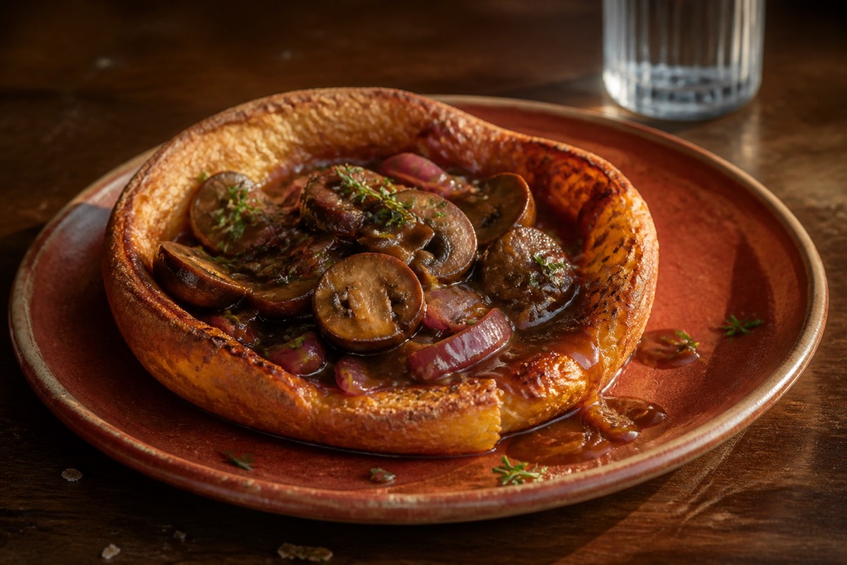 Mushroom & onion toad in the hole with miso gravy