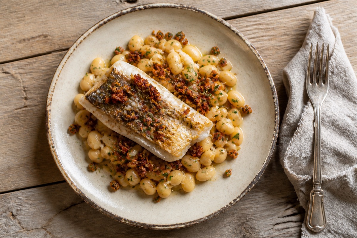 Hake with a little chorizo crumb & white beans