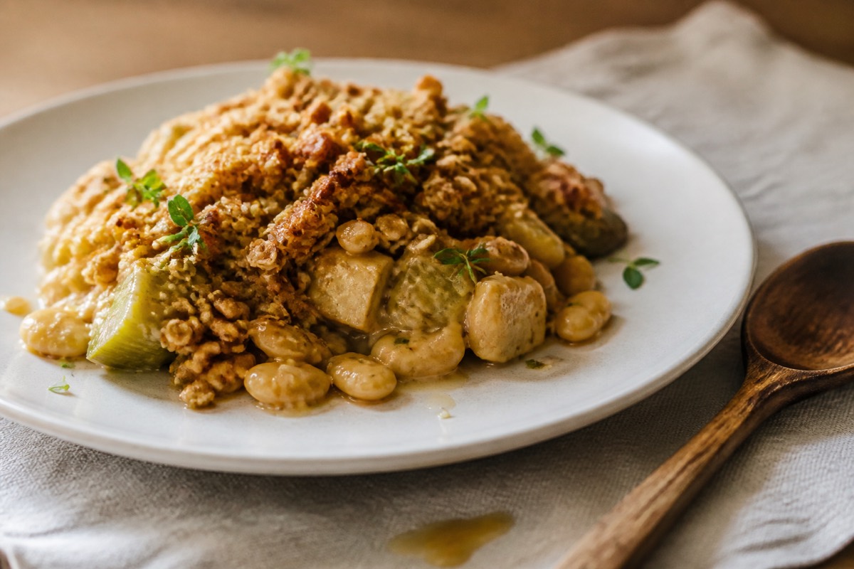Smoked tofu, leek & butter bean crumble