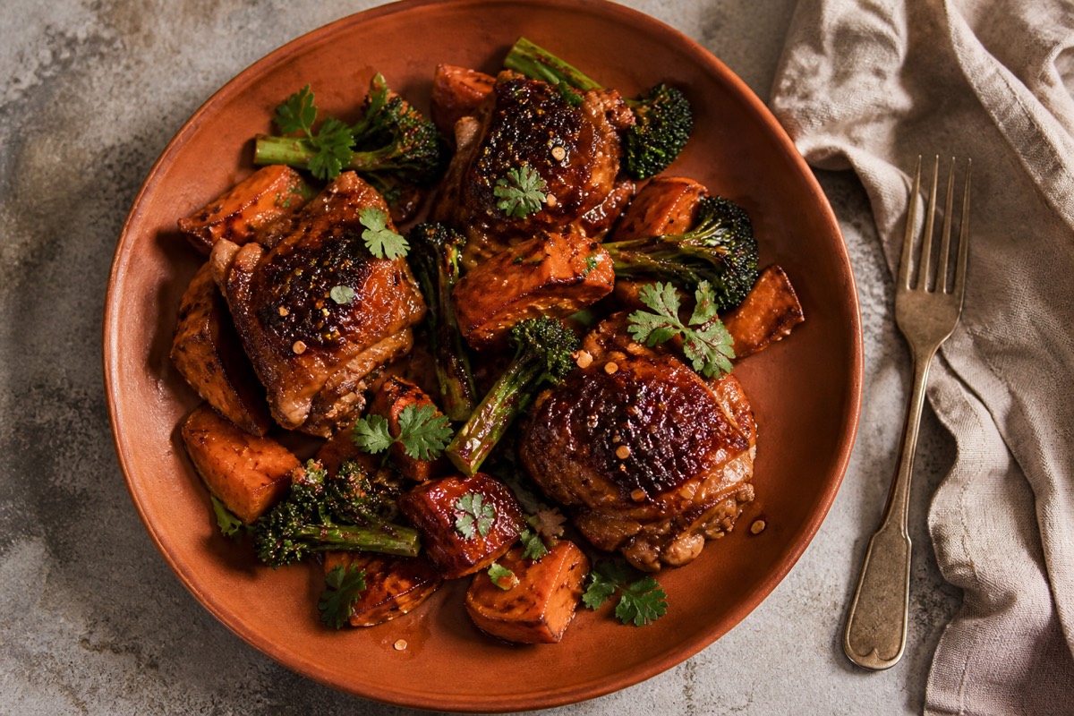 Gochujang chicken & sweet potato traybake