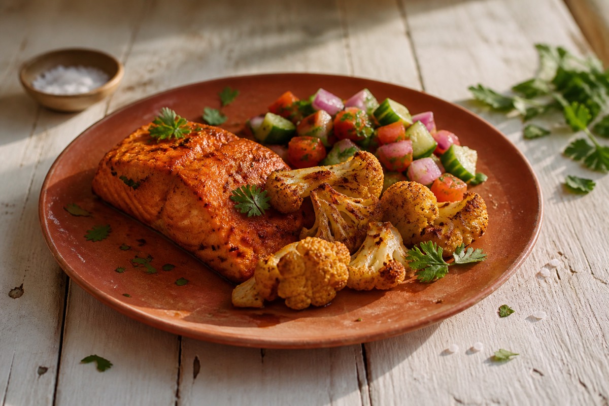 Tandoori salmon & cauliflower traybake