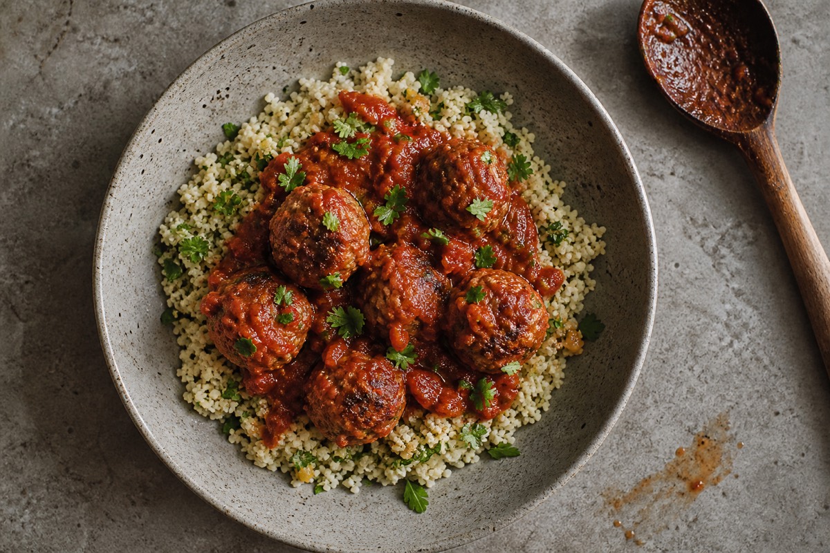 Harissa chicken meatballs with lemon couscous