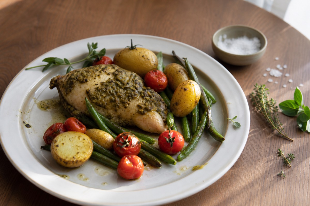 Pesto chicken traybake with new potatoes & tomatoes