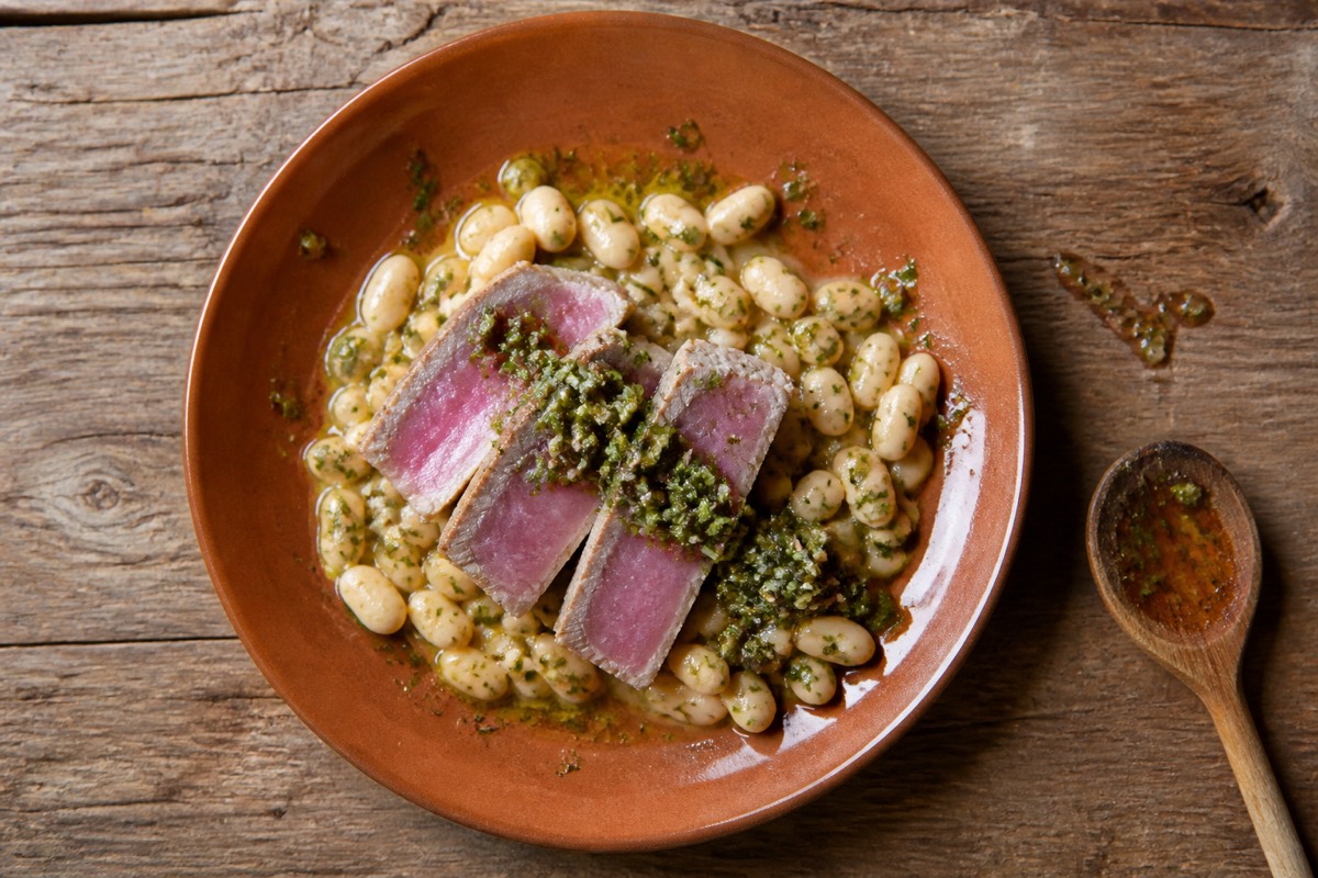 Seared tuna with salsa verde & white beans