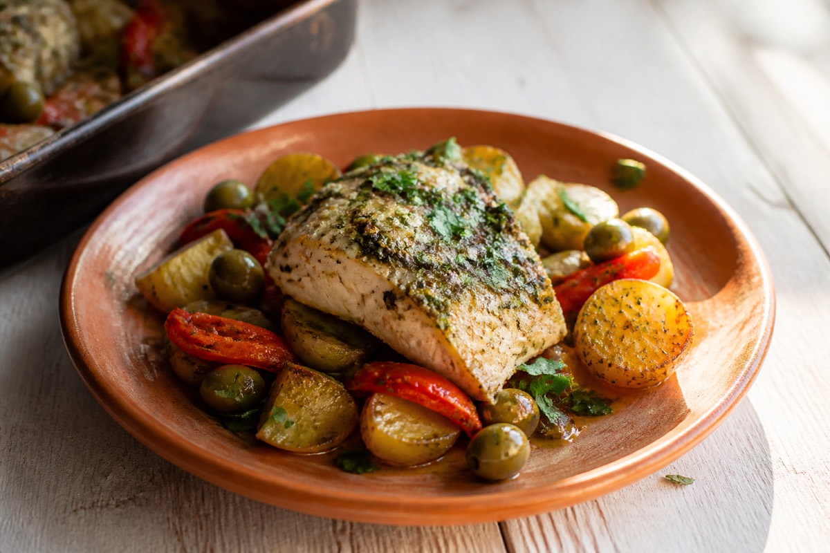 Chermoula fish traybake with potatoes & peppers
