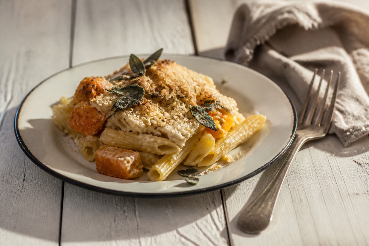 Squash & ricotta pasta bake with sage