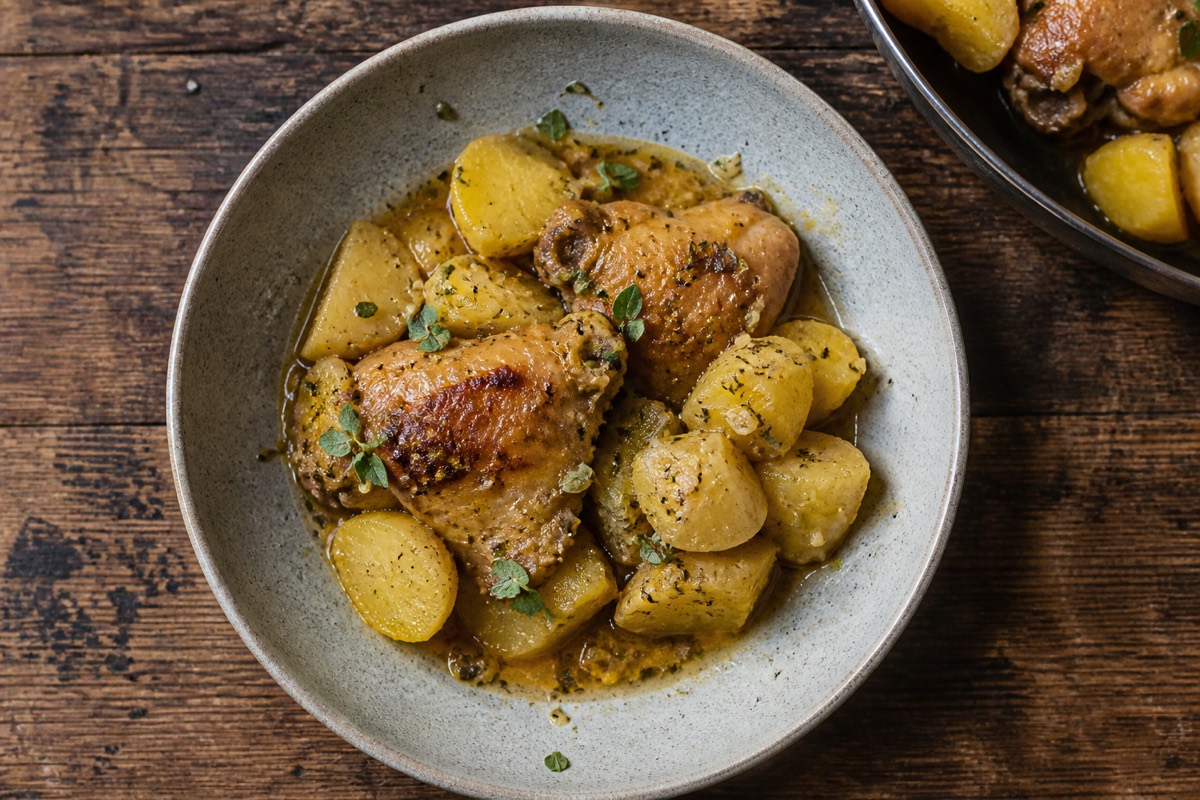 Chicken lemonato with potatoes in the pan