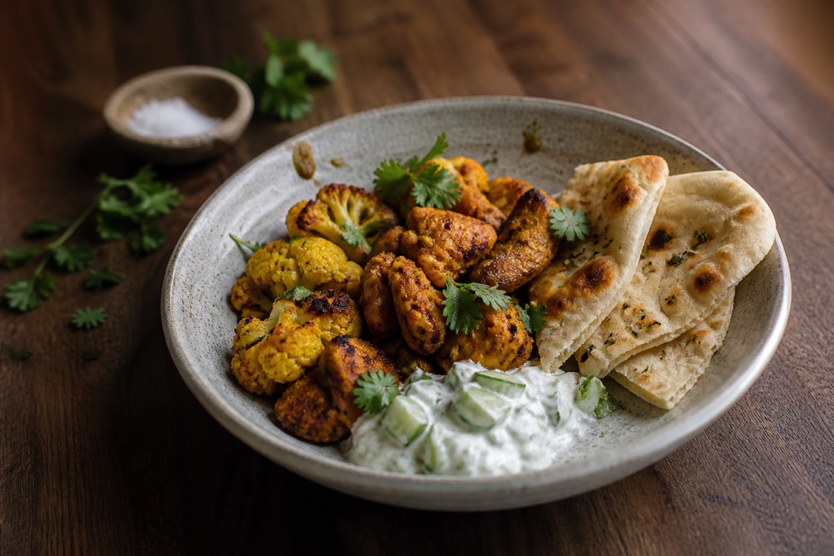 Chicken tikka traybake with cauliflower & naan