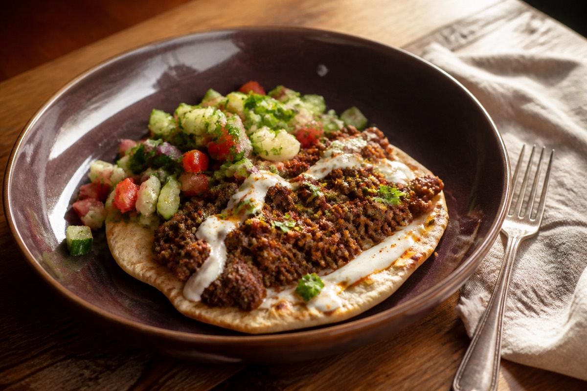 Harissa lamb flatbread night with chopped salad