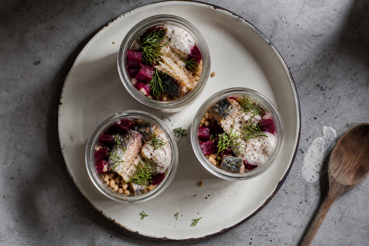 Smoked mackerel, beet & grain lunch jars