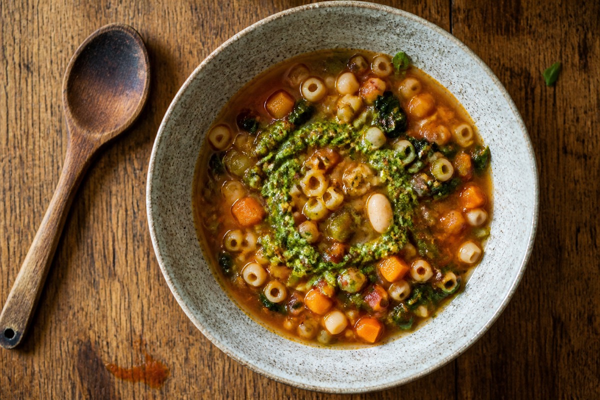 Desk minestrone with pesto swirl (flask lunch)